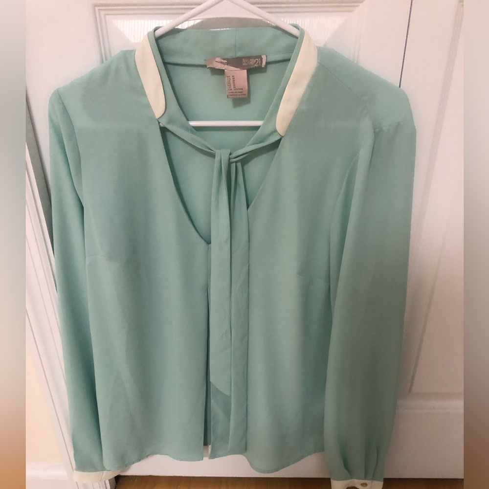Forever 21 Mint Green Tie-Neck Blouse with Ivory Trim